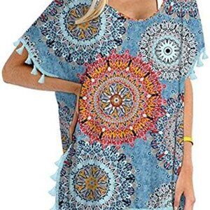 Yincra Turquoise Boho Ethnic Beach Cover Tunic with Tassels size 8